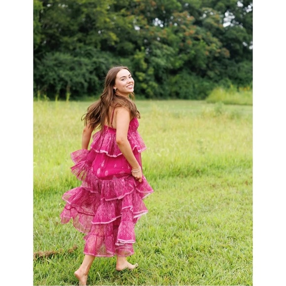 NWT Anthropologie Let Me Be Sleeveless Sheer Tiered Pink Layered Midi Dress M - Picture 7 of 14